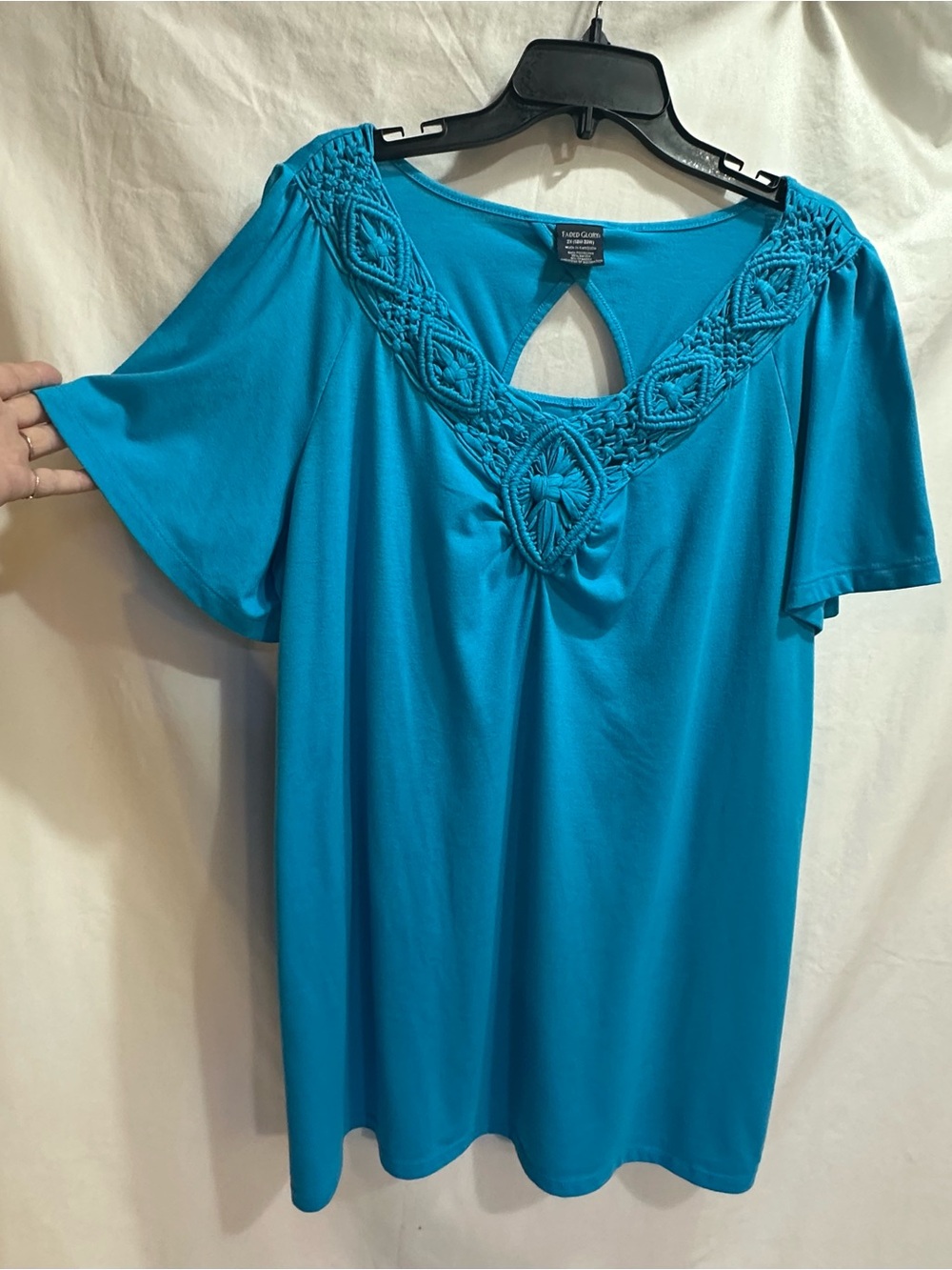 Faded Glory Turquoise Crochet Yoke Short Sleeve Top.